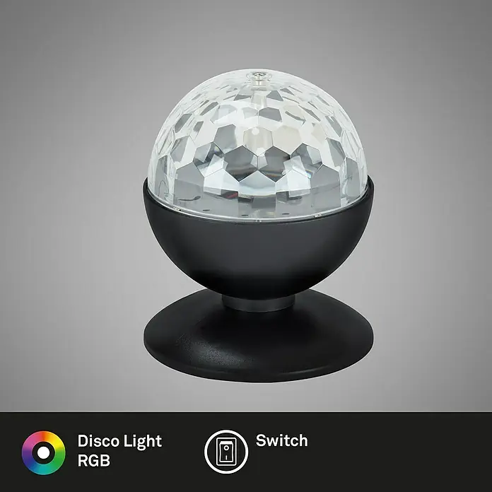 LED-Tischleuchte - 3 W, Höhe: 16 cm, RGB - Eine Disco-Kugel-Lampe mit einem schwarzen Sockel und einer transparenten, facettierten Kugel. Perfekt für Partybeleuchtung und Ambiente.