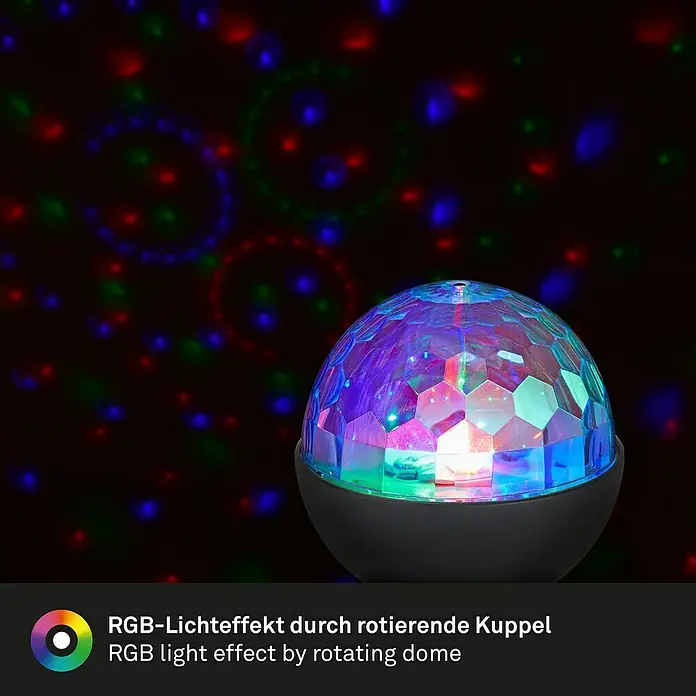 LED-Tischleuchte - 3 W, Höhe: 16 cm, RGB - Farbiges Lichtspiel: Rotierende RGB-Lichtkuppel für stimmungsvolle Effekte, ideal für Partys und Events.