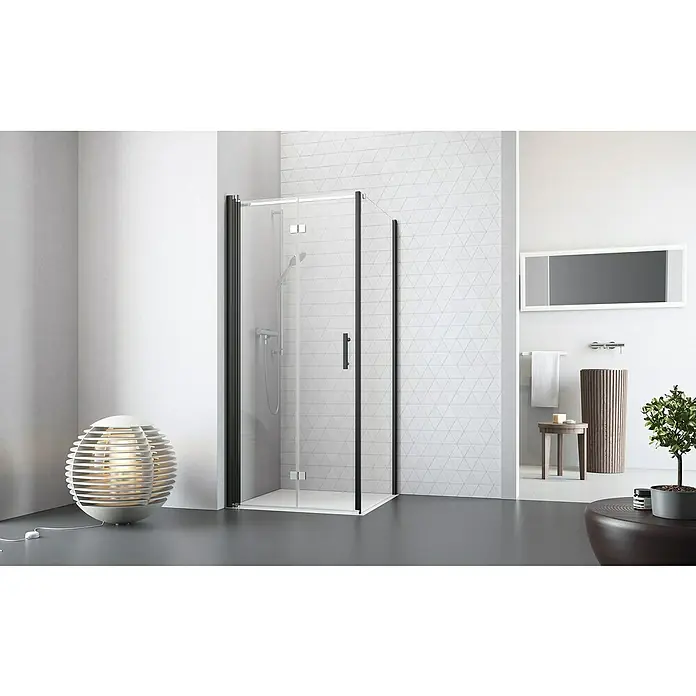 Camargue Vario Eckdusche B52+B5 - 80 x 75 x 195 cm, Beschichtet, Stärke: 6 mm, Schwarz - Elegante Duschkabine mit schwarzem Rahmen. Das klare Glas und die moderne Gestaltung passen perfekt in jedes Badezimmerdesign.