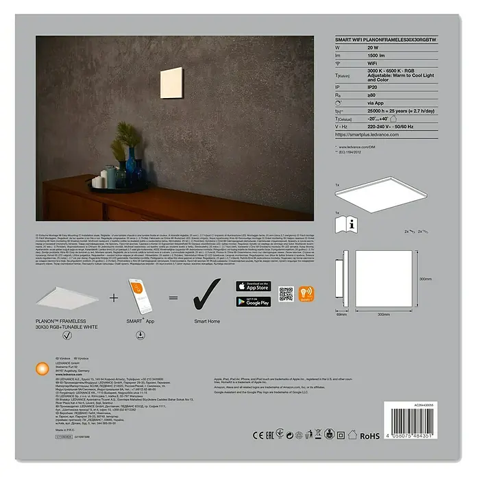 Ledvance Smart+ WiFi LED-Panel Planon Frameless - 36 W, L x B x H: 30 x 30 x 6,9 cm, Weiß, RGBW - Rückansicht