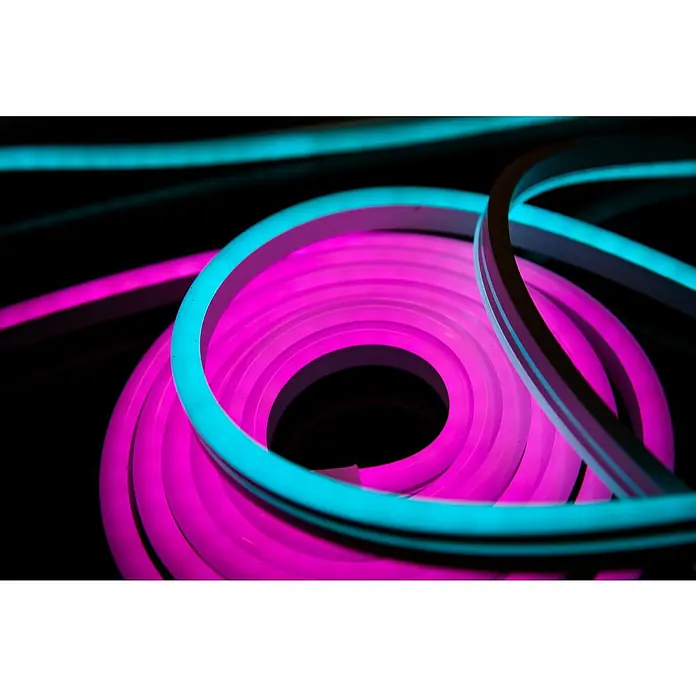 Ledvance Smart+ WiFi Smart-LED-Band Flex - Länge: 3 m, RGBW, 15 W - Nahaufnahme von LED-Neonflexbändern, die in Pink und Türkis leuchten und spiralförmig angeordnet sind, ideal für moderne Beleuchtungskonzepte.