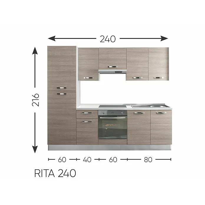 Küchenzeile Rita - Breite: 240 cm, Mit Elektrogeräten, Eiche Grau-Nachbildung - Skizze