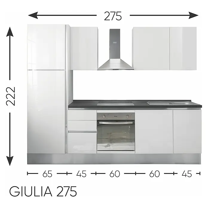 Küchenzeile Giulia - Breite: 275 cm, Anschlag rechts, Weiß - Skizze