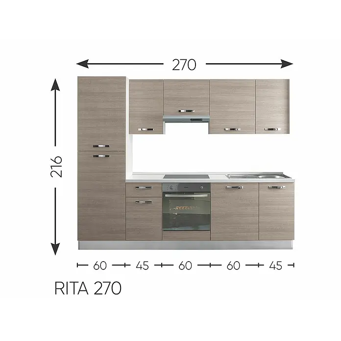 Kuhinjski komplet Rita - Širina: 270 cm, S električnim uređajima, Imitacija sive hrastovine - Skica