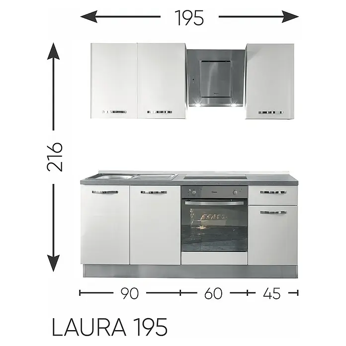 Kuhinjski komplet Laura - Širina: 195 cm, S električnim uređajima, Bijela visokog sjaja - Skica
