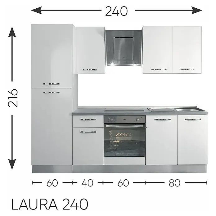 Kuhinjski komplet Laura - Širina: 240 cm, S električnim uređajima, Bijela visokog sjaja - Skica