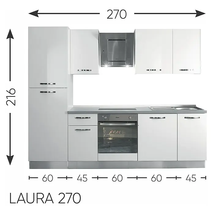 Kuhinjski komplet Laura - Širina: 270 cm, S električnim uređajima, Bijela visokog sjaja - Skica