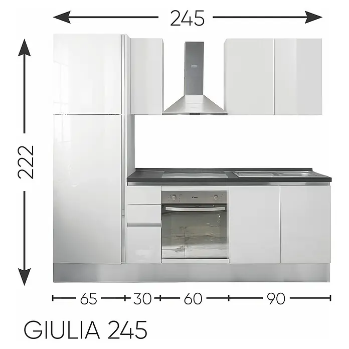Kuhinjski komplet Giulia - Širina: 245 cm, Lijevi graničnik, Bijele boje - Skica