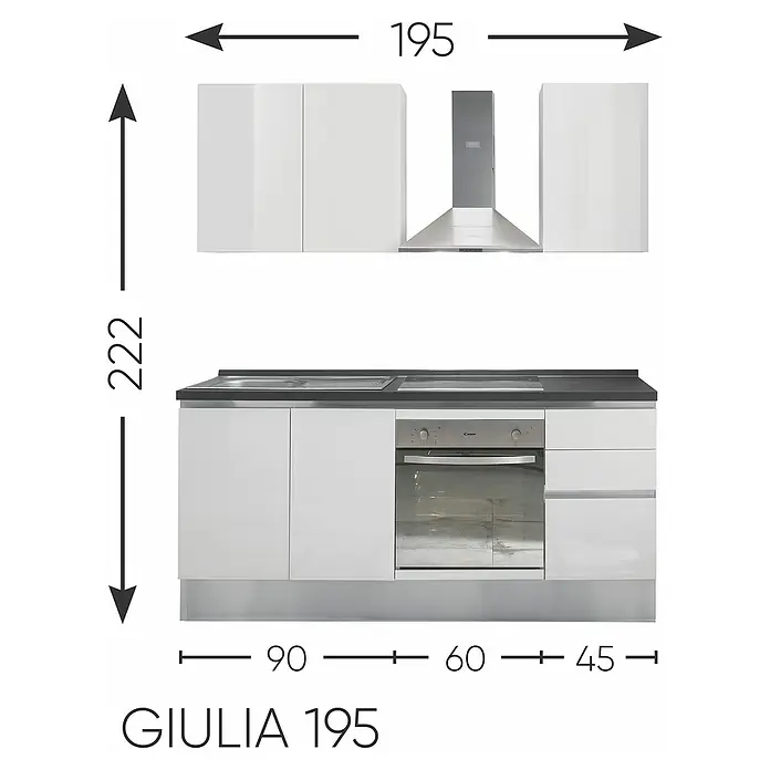 Kuhinjski komplet Giulia - Širina: 195 cm, Lijevi graničnik, Bijele boje - Skica
