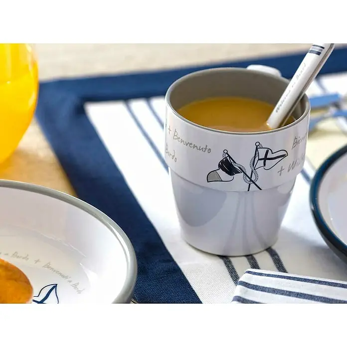 Marine Business Welcome on Board Taza para beber - 6 uds., Gris, 320 l - Una taza elegante con diseño náutico y cuchara a juego, ideal para tu bebida favorita. Perfecto para los amantes marítimos.