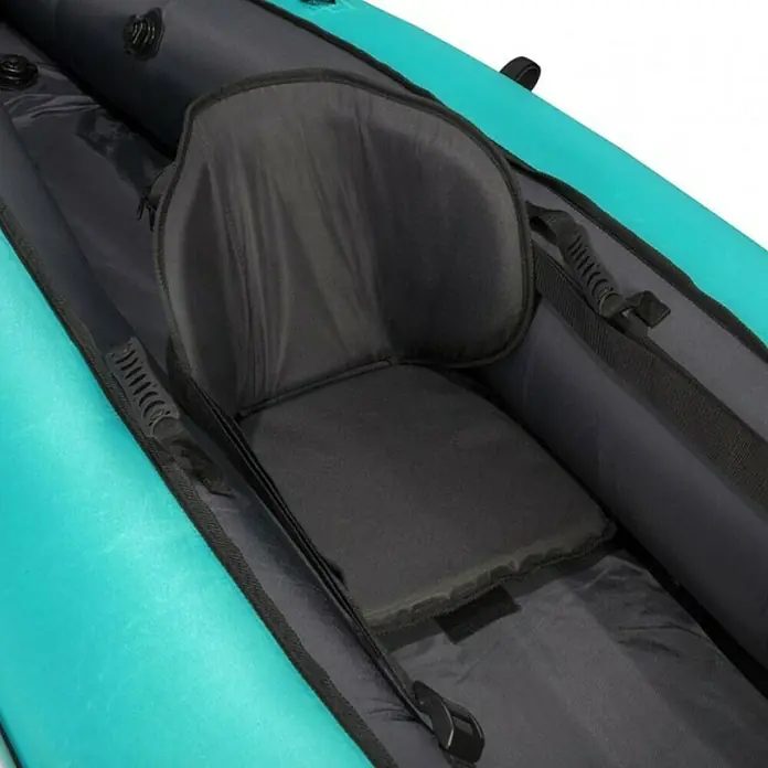 Hydro-Force Kajak Ventura X2 - D x Š: 330 x 86 cm, Prikladno za: 2 osobe, Nosiva sila: 200 kg - Detalj sjedala za kajak na napuhavanje u crnoj i tirkiznoj boji, pružajući udobnost i potporu veslačima.
