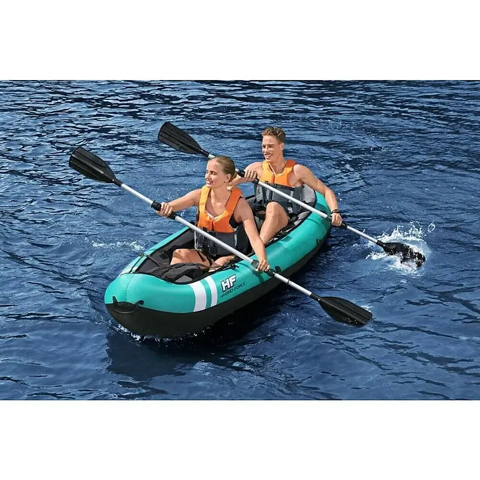 Hydro-Force Kajak Ventura X2 - D x Š: 330 x 86 cm, Prikladno za: 2 osobe, Nosiva sila: 200 kg - Dvoje ljudi veslaju u gumenom kajaku Hydro-Force na vodi, uživajući u vožnji.