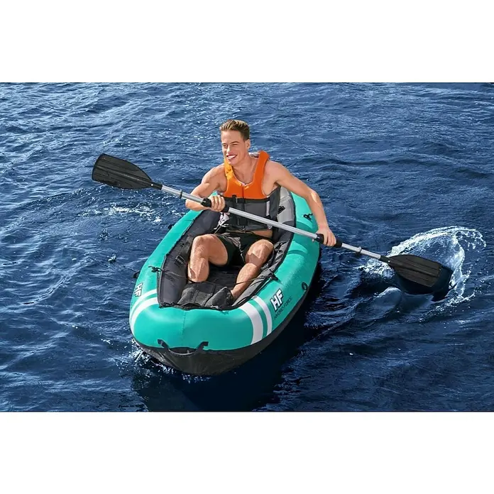 Hydro-Force Kajak Ventura - D x Š: 280 x 86 cm, Prikladno za: 1 osoba, 130 kg - Muškarac vesla na otvorenom moru u tirkiznom Hydro-Force kajaku s dvostrukim veslom, noseći prsluk za spašavanje.