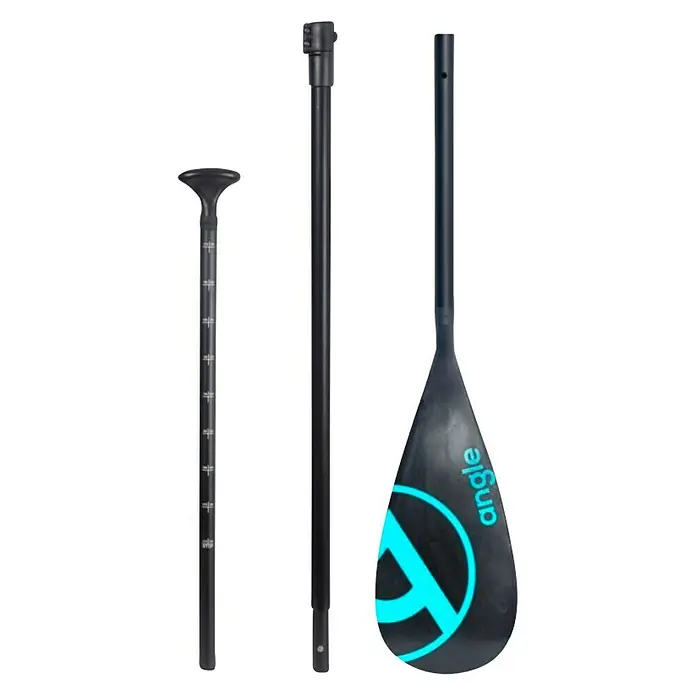 SUP-veslo Angle - 175 cm - 215 cm, Aluminij, Crno-plave boje - Veslo s crnom drškom i plavim logotipom. Veslo je rastavljeno, prikazuje pojedinačne komponente. Idealno za ljubitelje vodenih sportova.