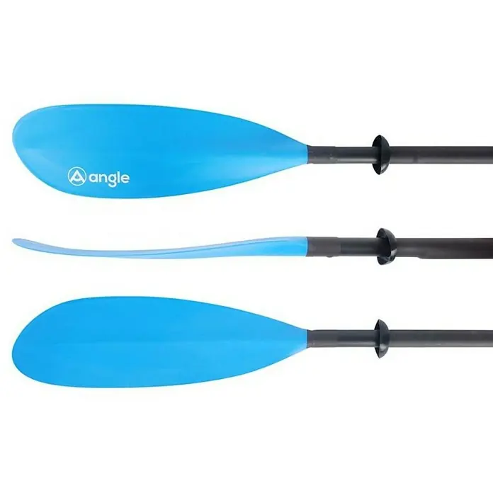 Dvostruko veslo za kajak Angle - 210 cm - 240 cm, Materijal držala: Plastika ojačana staklenim vlaknima (GfK) - Tri pogleda na svijetlo plavo veslo s crnom drškom, idealno za vožnju kajakom ili veslanje na mirnim vodama.
