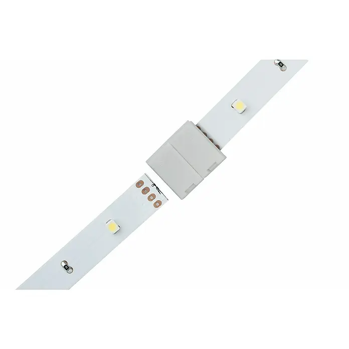 Paulmann Conector clip-to-clip YourLED ECO - 14 x 13,5 x 6 mm, 2 ud., Plástico - Primer plano de una tira LED con un conector que une dos segmentos, ideal para soluciones de iluminación personalizables.