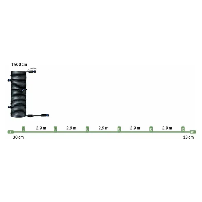 Paulmann Plug & Shine Csatlakozó kábel - 15 m, 7 port, IP68 - Tervrajz