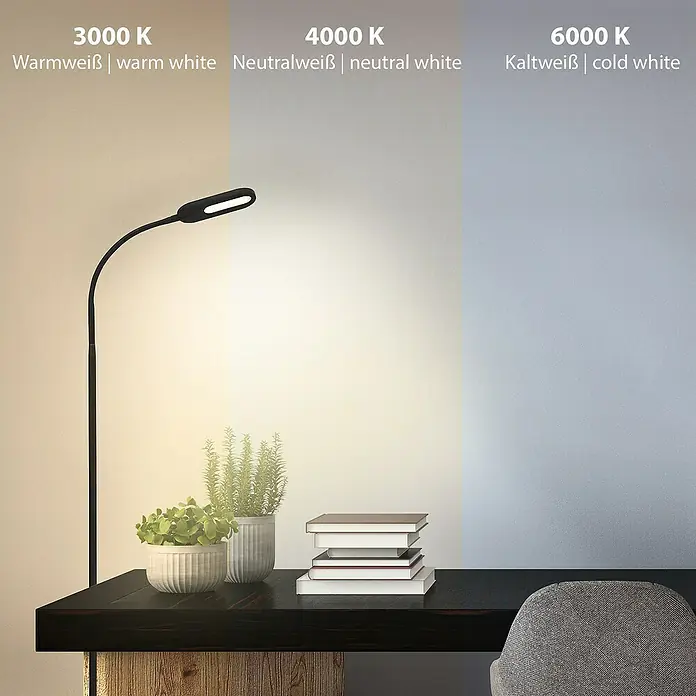 Briloner Staande ledlamp - Hoogte: 128 cm, Zwart - Verschillende kleurtemperaturen van de bureaulamp: warm wit licht (3000 K), neutraal wit licht (4000 K) en koud wit licht (6000 K).