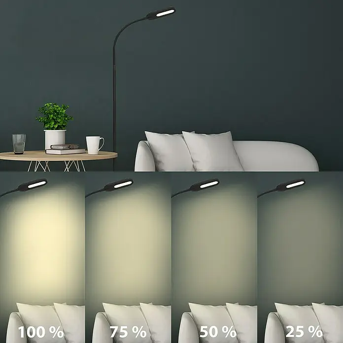Briloner LED-Stehleuchte - Höhe: 128 cm, Schwarz - Bild einer Stehlampe mit verschiedenen Helligkeitsstufen, die die Flexibilität der Beleuchtung demonstrieren.