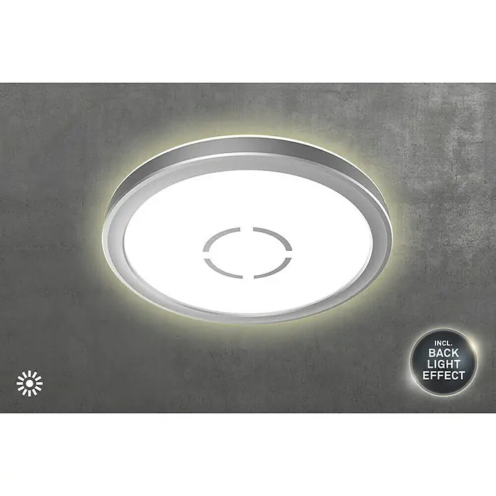 Tween Light LED-Deckenleuchte Montella - 12 W, L x B x H: 19 x 19 x 2,8 cm, Weiß/Silber - Nahaufnahme einer runden LED-Deckenleuchte mit Hintergrundbeleuchtung und silbernem Rahmen.