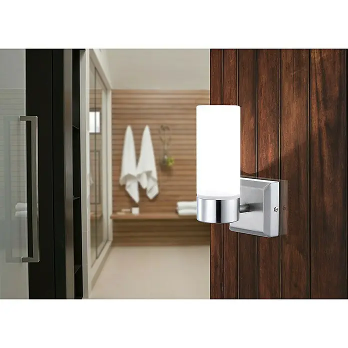 Globo Aplique de pared Space - 40 W, L x An x Al: 110 x 80 x 185 mm, Níquel mate, E14 - Un diseño moderno de aplique de pared cilíndrico con base cromada realza un ambiente de baño elegante y proporciona una iluminación elegante.
