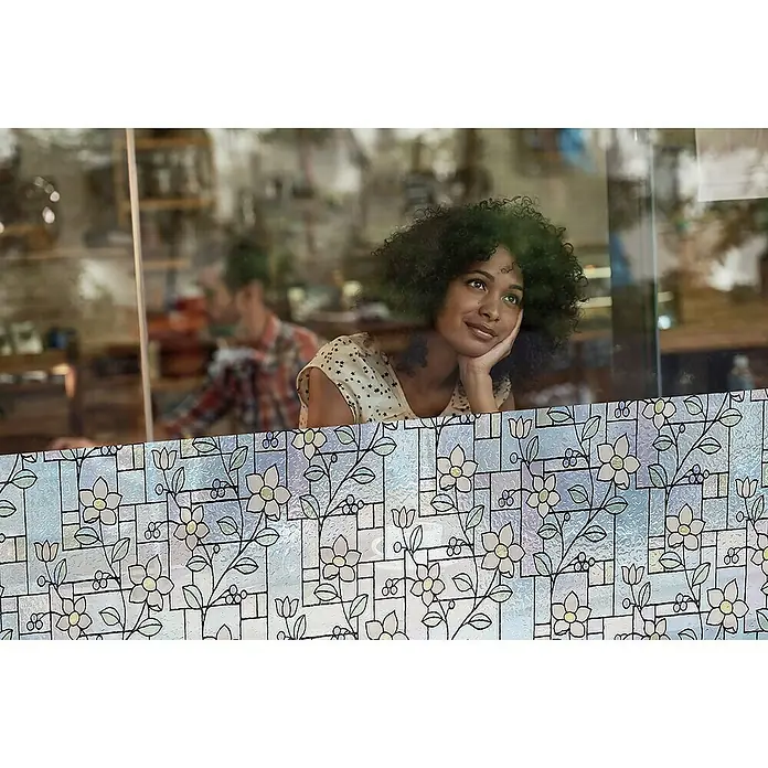Lámina adhesiva GLS-4657 - Multicolor, 150 x 45 cm, Con adherencia estática - Lámina decorativa para ventanas con diseño floral, ofrece privacidad mientras filtra la luz natural suavemente. Ideal para un toque elegante.