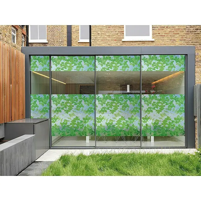 Lámina adhesiva GLS-4654 - Verde/blanco, 150 x 90 cm, Con adherencia estática - Vinilo decorativo para ventanas con diseño de hojas verdes para mayor privacidad y un toque de naturaleza en el interior. Ideal para ventanas y puertas de vidrio.