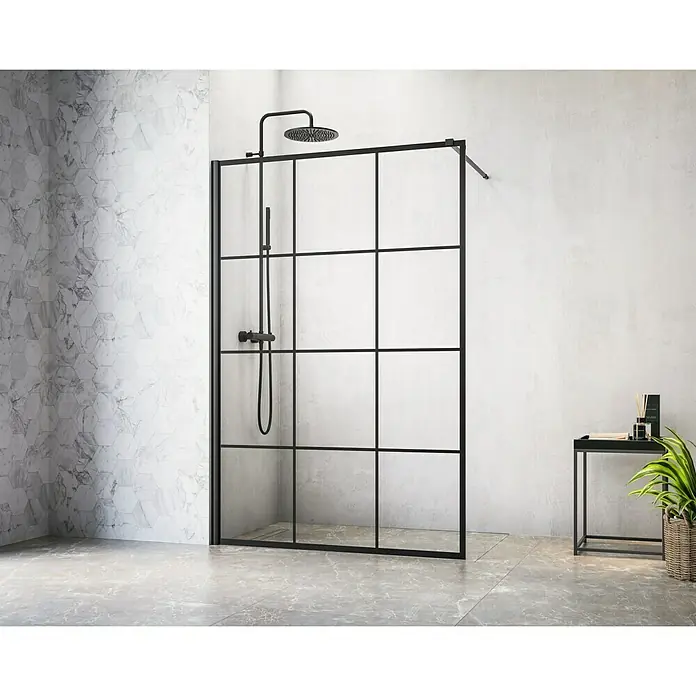 Camargue Tuš stijena - 120 x 200 cm, Premazano, Debljina: 6 mm, Crne boje - Crna tuš kabina s prozirnim staklenim pločama i modernim industrijskim dizajnom za stilski ambijent kupaonice.