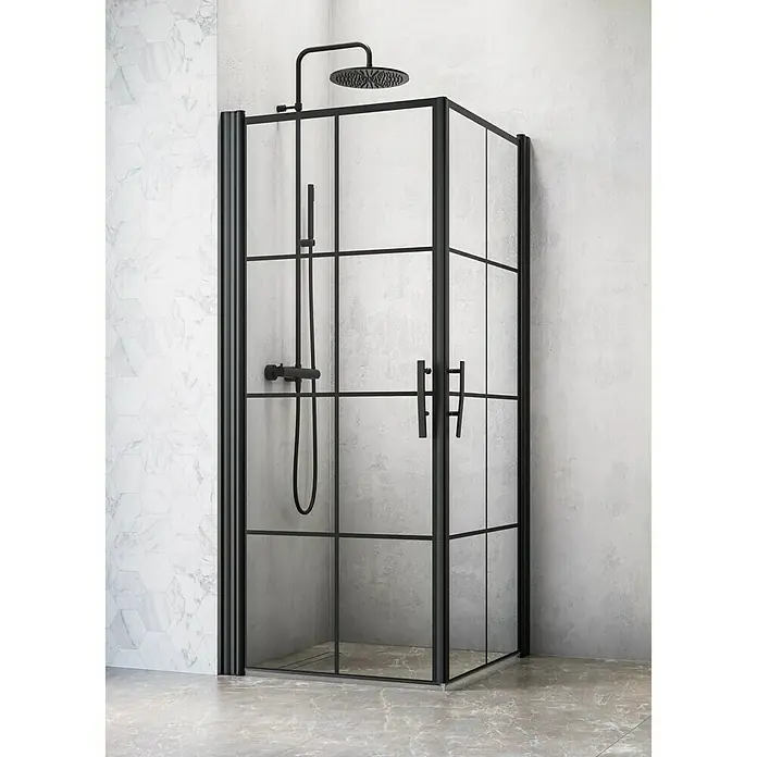 Camargue Vrata tuš kabine - 90 x 202,2 cm, Premazano, Debljina: 6 mm, Crne boje - Crna tuš kabina s prozirnim staklenim pločama i modernim dizajnom rešetke, dodajući elegantan dodir kupaonici.