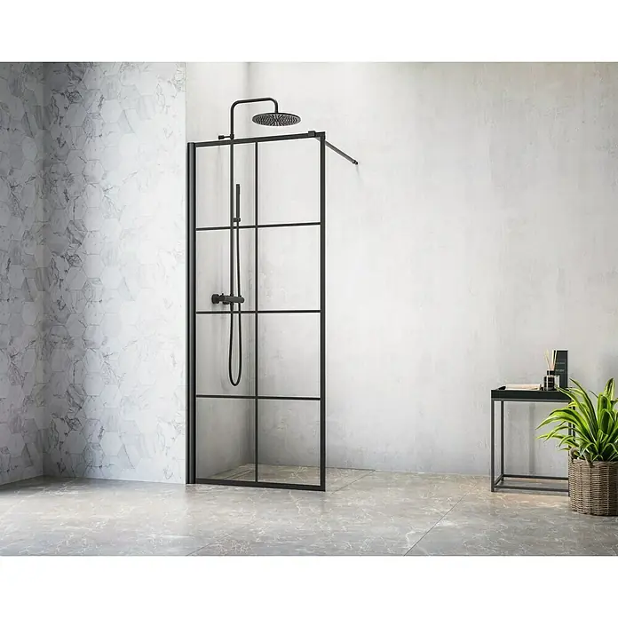 Camargue Duschwand Göteborg G7 - 90 x 200 cm, Beschichtet, Stärke: 6 mm, Schwarz - Duschabtrennung mit schwarzem Rahmen und Kopfbrause in einem modernen Badezimmer.