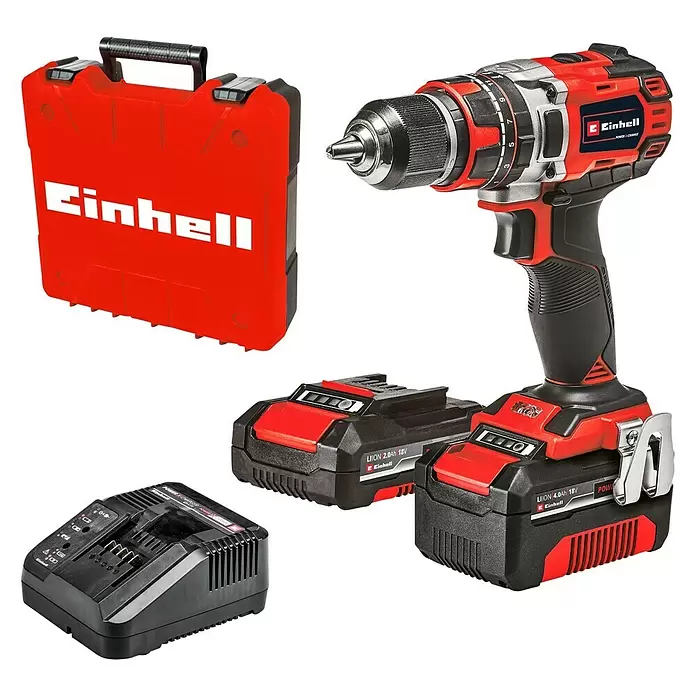 Einhell Power X-Change Akku-Schlagbohrschrauber TE-CD 18/50 Li-i BL - 18 V, 2 Akkus, 2 Ah - 4 Ah, Leerlaufdrehzahl: 0 U/min - 1.800 U/min - Diagonale Ansicht