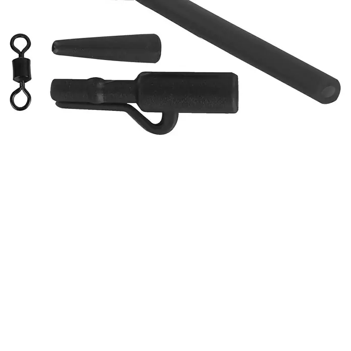 Westline Safety Lead Clip Rig Set - 10 -tlg. - Nahaufnahme von Angelzubehör: Wirbel, Stopper, Hülse und Schlauch. Ideal für präzise Montagen beim Karpfenangeln.