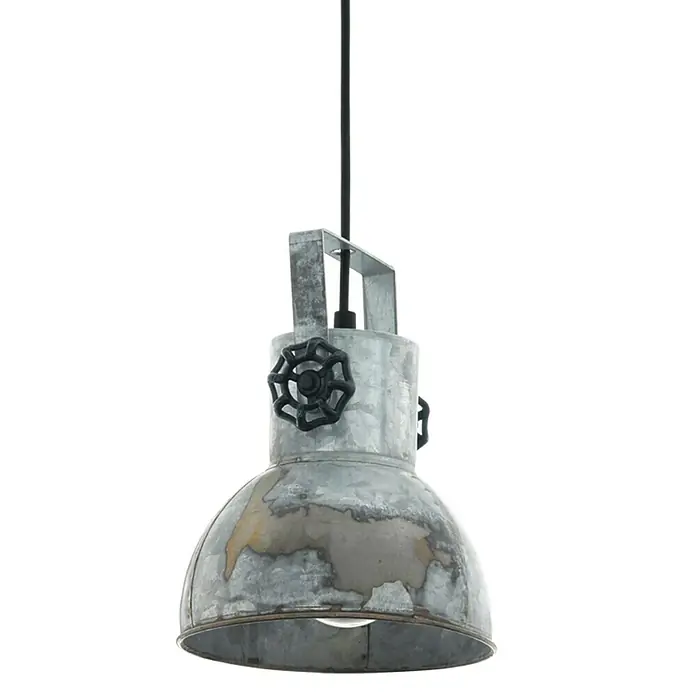 Eglo Barnstaple Pendelleuchte - Höhe: 110 cm, Anzahl Leuchtmittel: 1 Stk. - Nahaufnahme einer industriellen Hängelampe mit einem Metallschirm und schwarzen Ventilen, die von der Decke hängt.