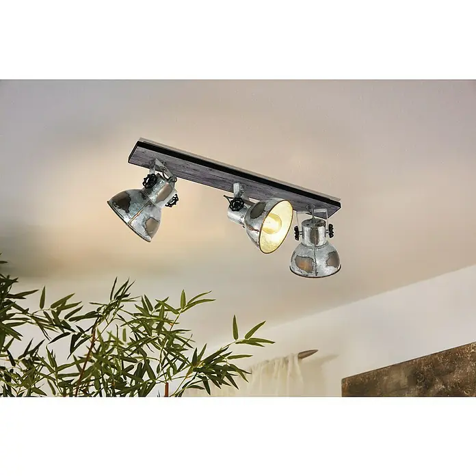 Eglo Barnstaple Deckenstrahler - 120 W, E27 - Deckenleuchte mit drei Strahlern im Industrial-Design. Die Leuchten sind an einer Holzplatte befestigt und individuell ausrichtbar.