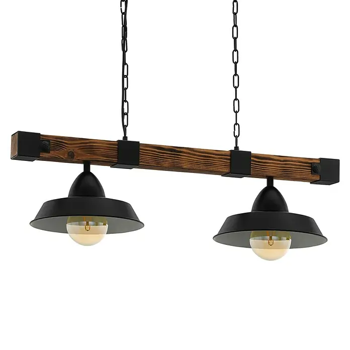 Eglo Pendelleuchte Oldbury - L x B x H: 118 x 26 x 110 cm, 120 W, Anzahl Leuchtmittel: 2 Stk. - Rustikale Hängelampe mit zwei schwarzen Lampenschirmen und einem Holzbalken. Perfekt für den Essbereich oder die Küche.