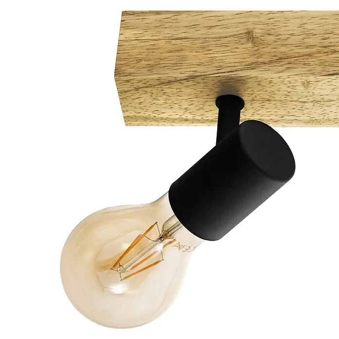 Eglo Townshend 3 Deckenstrahler - 240 W, L x B x H: 63 x 5 x 5 cm, E27 - Nahaufnahme einer modernen Deckenleuchte mit einem hölzernen Sockel und einer Glühbirne mit Edison-Stil.