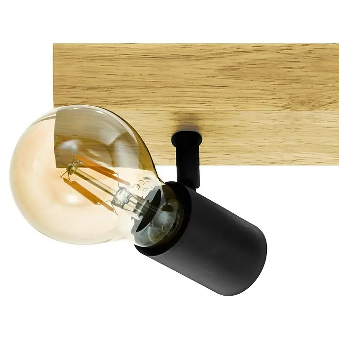 Eglo Townshend 3 Deckenstrahler - 120 W, L x B x H: 30 x 5 x 5 cm, E27 - Detailaufnahme einer modernen Holz-Deckenleuchte mit schwarzem Spot und warmweißer Edison-Glühbirne.