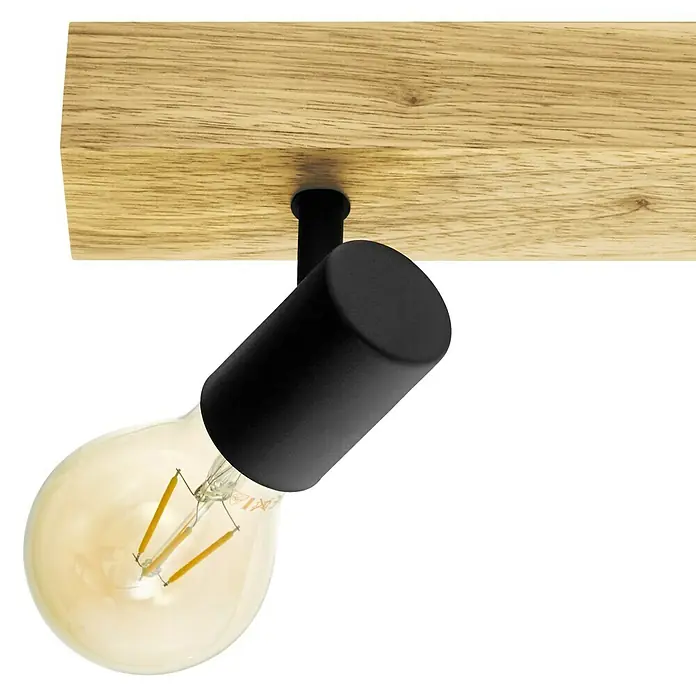 Eglo Townshend 3 Deckenstrahler - 180 W, L x B x H: 5 x 5 x 48 cm, E27 - Nahaufnahme einer Holzdeckenleuchte mit einem einzelnen schwarzen LED-Spot, der ein warmes, modernes Licht abgibt.