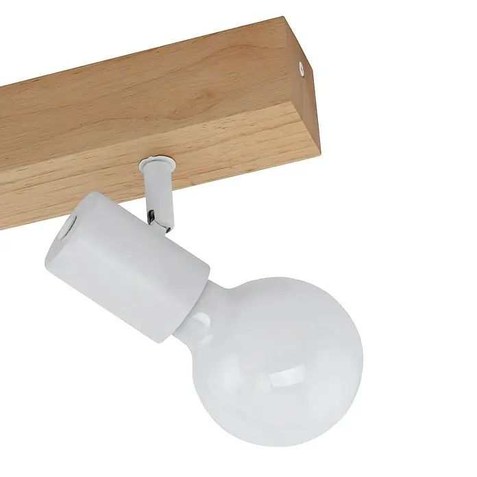 Eglo Townshend 3 Deckenstrahler - 180 W, L x B x H: 48 x 5 x 7 cm, Braun, E27 - Nahaufnahme einer Holzbalken-Deckenleuchte mit einem einzelnen weißen Strahler und einer Glühbirne.