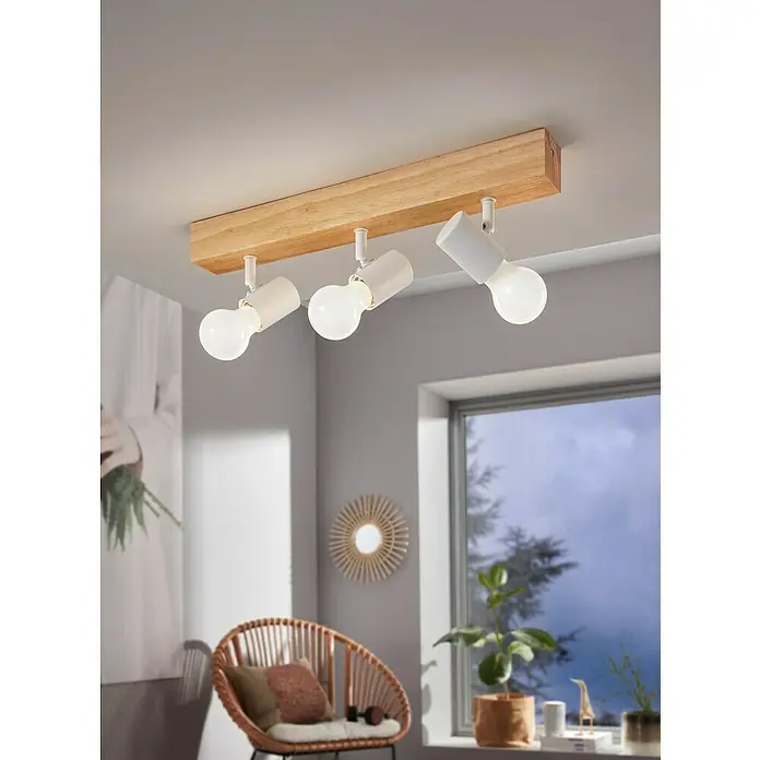 Eglo Townshend 3 Deckenstrahler - 180 W, L x B x H: 48 x 5 x 7 cm, Braun, E27 - Moderne Deckenleuchte mit drei verstellbaren Spots und einem Holzsockel für eine stilvolle Beleuchtung im Raum.