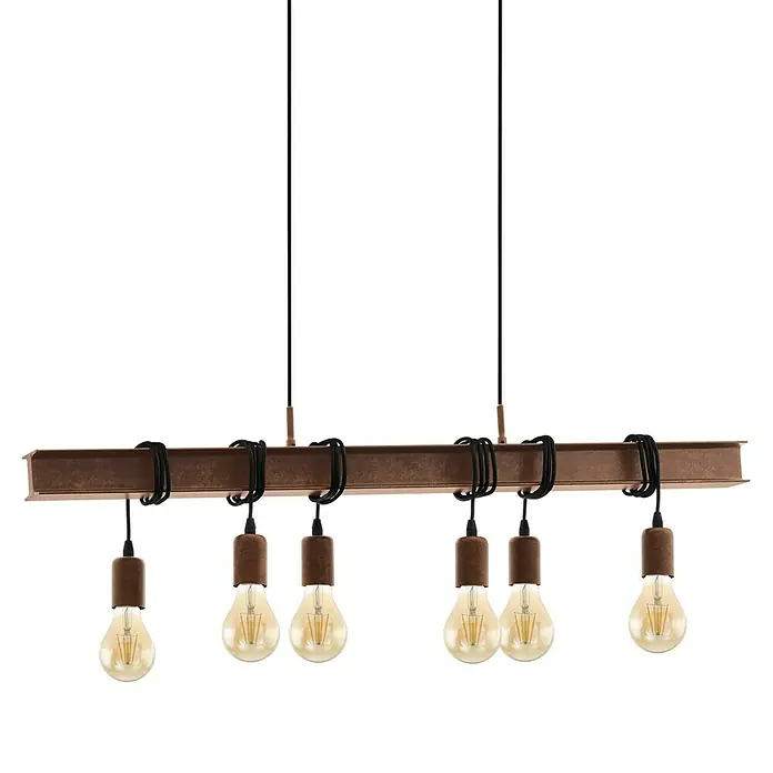 Eglo Townshend Pendelleuchte - B x H: 7 x 110 cm, Antik Braun - Moderne Hängelampe mit sechs Edison-Glühbirnen und rustikalem Metalldesign für eine stilvolle Beleuchtung im Wohnraum.