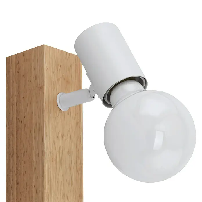 Eglo Townshend 3 Wandleuchte - 60 W, L x B x H: 10 x 5 x 17 cm, Braun, E27 - Nahaufnahme einer weißen Wandleuchte mit Holzsockel und verstellbarem Spot für eine moderne Beleuchtung.