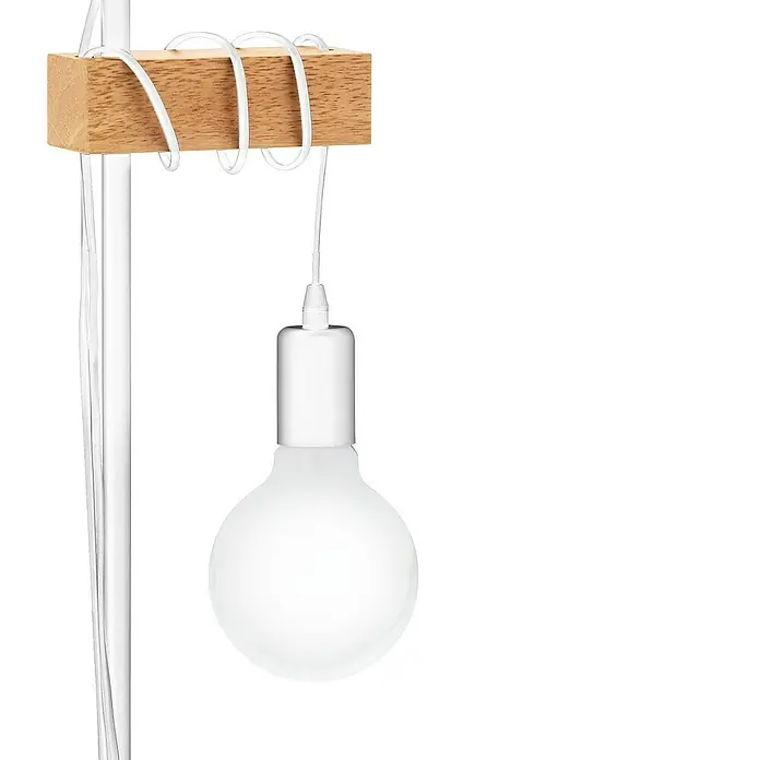 Eglo Townshend Stehleuchte - B x H: 25 x 166,5 cm, Weiß/Braun - Nahaufnahme einer modernen Lampe mit hellem Holzdetail und weißem Kabel, das sich um das Holz windet.