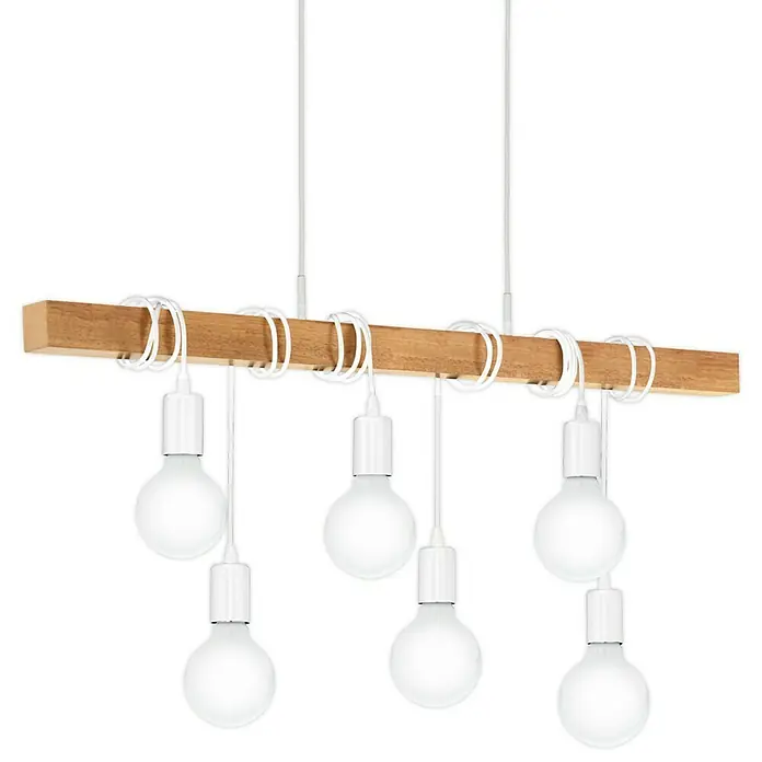 Eglo Townshend Pendelleuchte - B x H: 10 x 110 cm, Weiß/Braun - Hängelampe mit Holzdetails und sechs weißen Glühbirnen für eine moderne Beleuchtung.\n