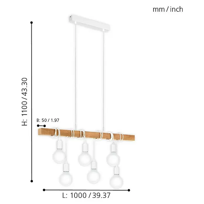 Eglo Townshend Pendelleuchte - B x H: 10 x 110 cm, Weiß/Braun - Skizze