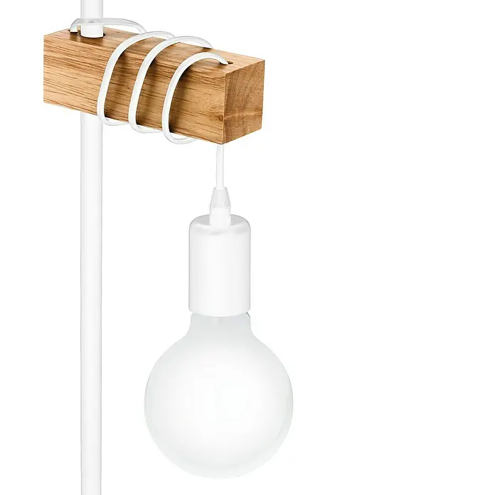 Eglo Townshend Lámpara de sobremesa - 10 W, L x An x Al: 17,5 x 15,5 x 50 cm, Blanco/Marrón - Primer plano de una moderna lámpara de pie con un bloque de madera y una bombilla.