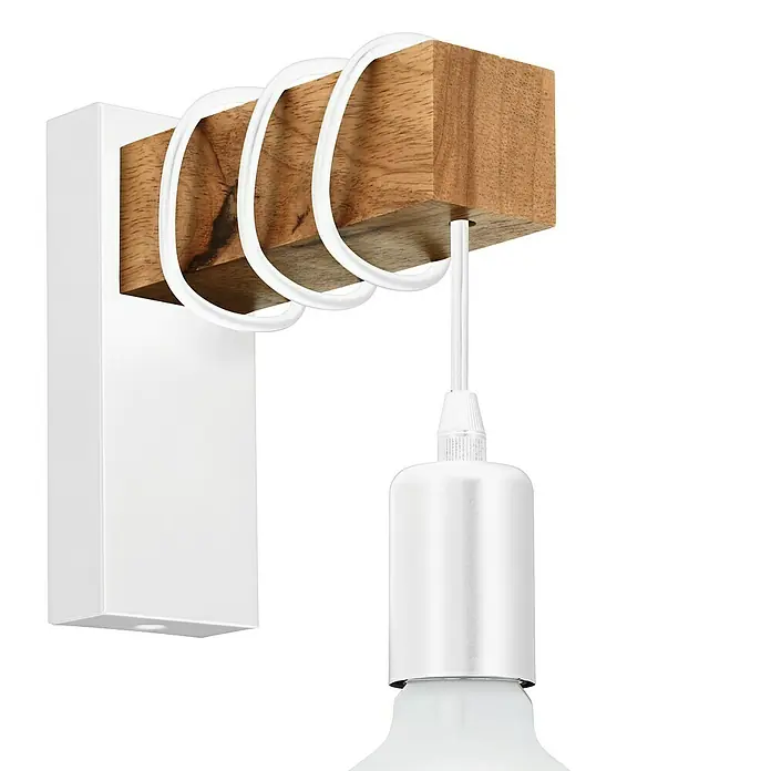 Eglo Townshend Wandleuchte - 10 W, L x B x H: 19 x 6,5 x 21,5 cm, Weiß, E27 - Nahaufnahme einer stilvollen Wandleuchte mit Holzdetails und weißem Lampenschirm für eine warme Beleuchtung.