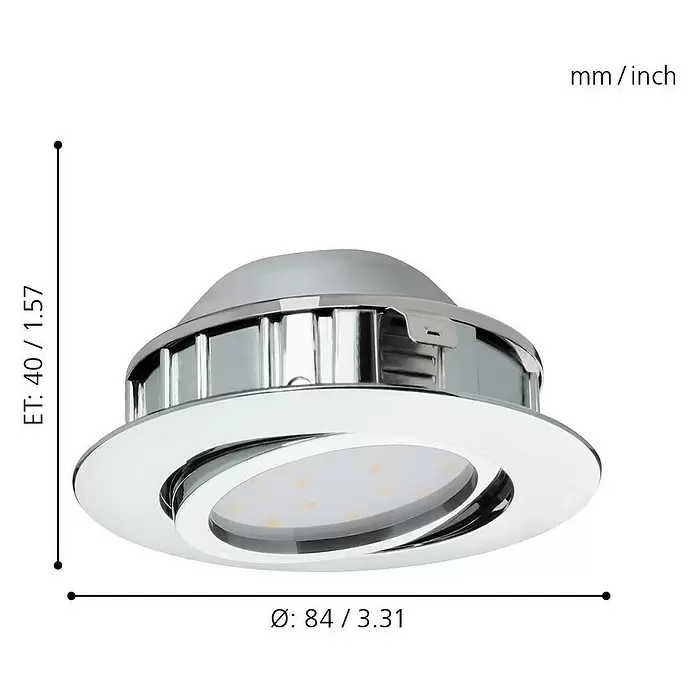 Eglo LED-Einbauleuchte Pineda - 6 W, L x B x H: 8,4 x 8,4 x 4 cm, Chrom, Warmweiß, Dimmbarkeit: Dimmbar - Skizze