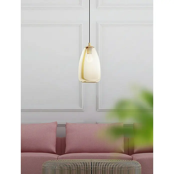 Eglo Pendelleuchte Alobrase - Höhe: 110 cm, Anzahl Leuchtmittel: 1 Stk., Amber - Elegante bernsteinfarbene Glaspendelleuchte mit goldfarbenen Akzenten. Stilvolle Beleuchtung für modernes Interieur mit weichem Licht.