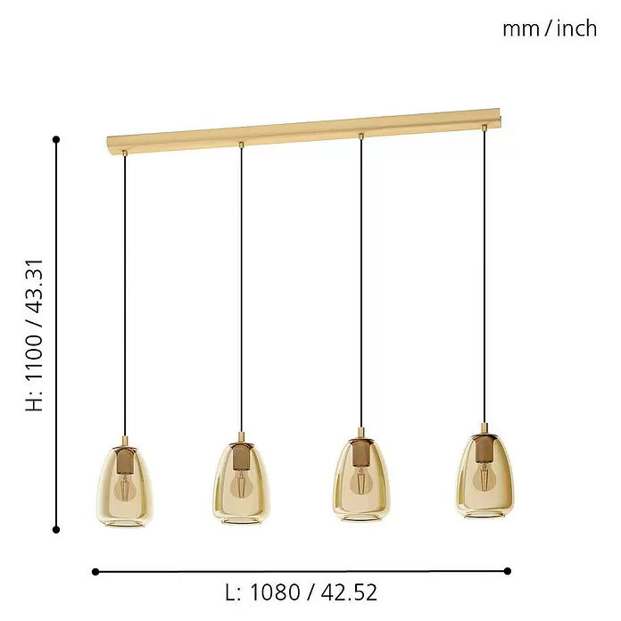 Eglo Pendelleuchte Alobrase - Höhe: 110 cm, Anzahl Leuchtmittel: 4 Stk., Amber - Skizze